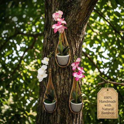 SatisJoy Orchid Hanging Planter, 5 Inch Thai Handmade Bamboo Natural Material Hanging Basket for Indoor Outdoor, Trellis Compatible, Durable Breathable, Set of 4 (Brown)