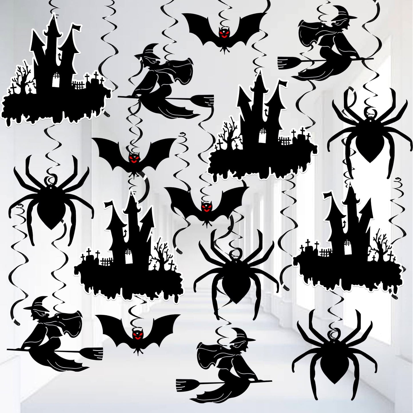 KatchOn, Scary Halloween Hanging Decorations - Large, Pack of 30 | Black Halloween Hanging Swirls for Halloween Ceiling Decorations | Halloween Swirl Decorations | Hanging Halloween Decorations Indoor