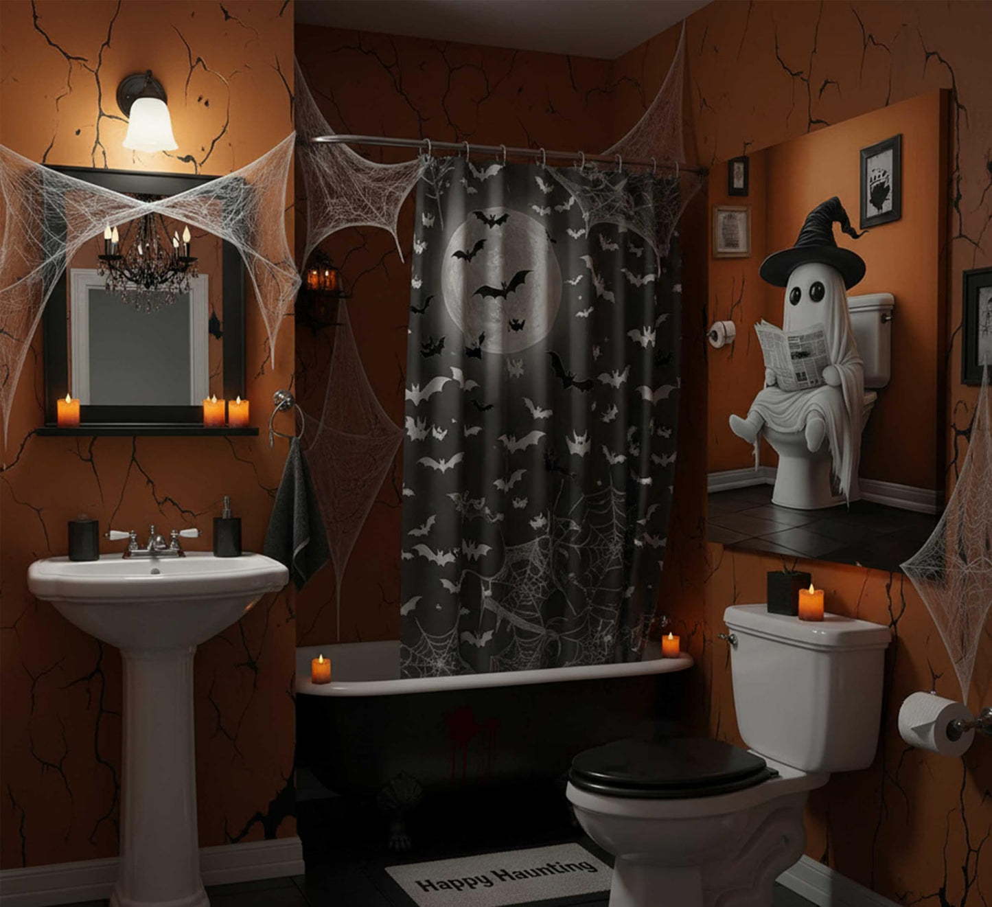 Halloween Funny Ghost Canvas Wall Art Ghost on Toilet Gothic Horror Creepy Dark Academia Painting Picture Wall Decor Poster Print Artwork for Bathroom Home Decoration