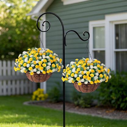 Artificial Hanging Flowers Basket for Spring Outdoors Decoration, Silk Mums Fake Flowers UV Resistant Look Real Daisy with Coconut Lining Baskets for Outside Porch Courtyard Decor(Yellow and White)