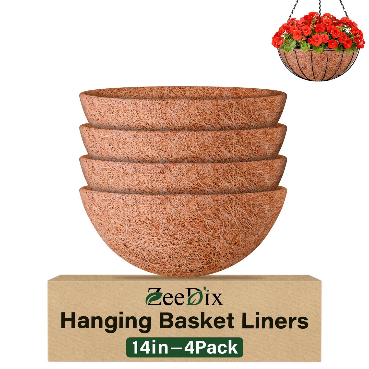 ZeeDix 4 Pack 14 Inch Coconut Liners for Planters, Round Hanging Basket Liners Natural Coco Coir Replacement Liner for Flowers Vegetables Patio Porch Garden Decor