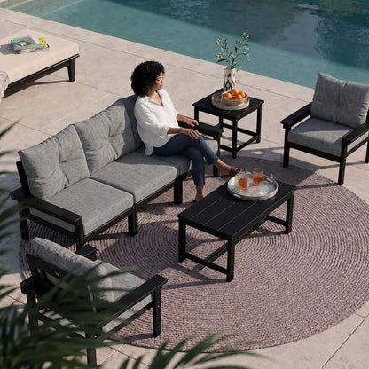 37.6 Inch HDPE Patio Coffee Table, Weather-Resistant Outdoor Coffee Table Easy Assembly for Lawn, Garden, Balcony, Deck (Black Frame)