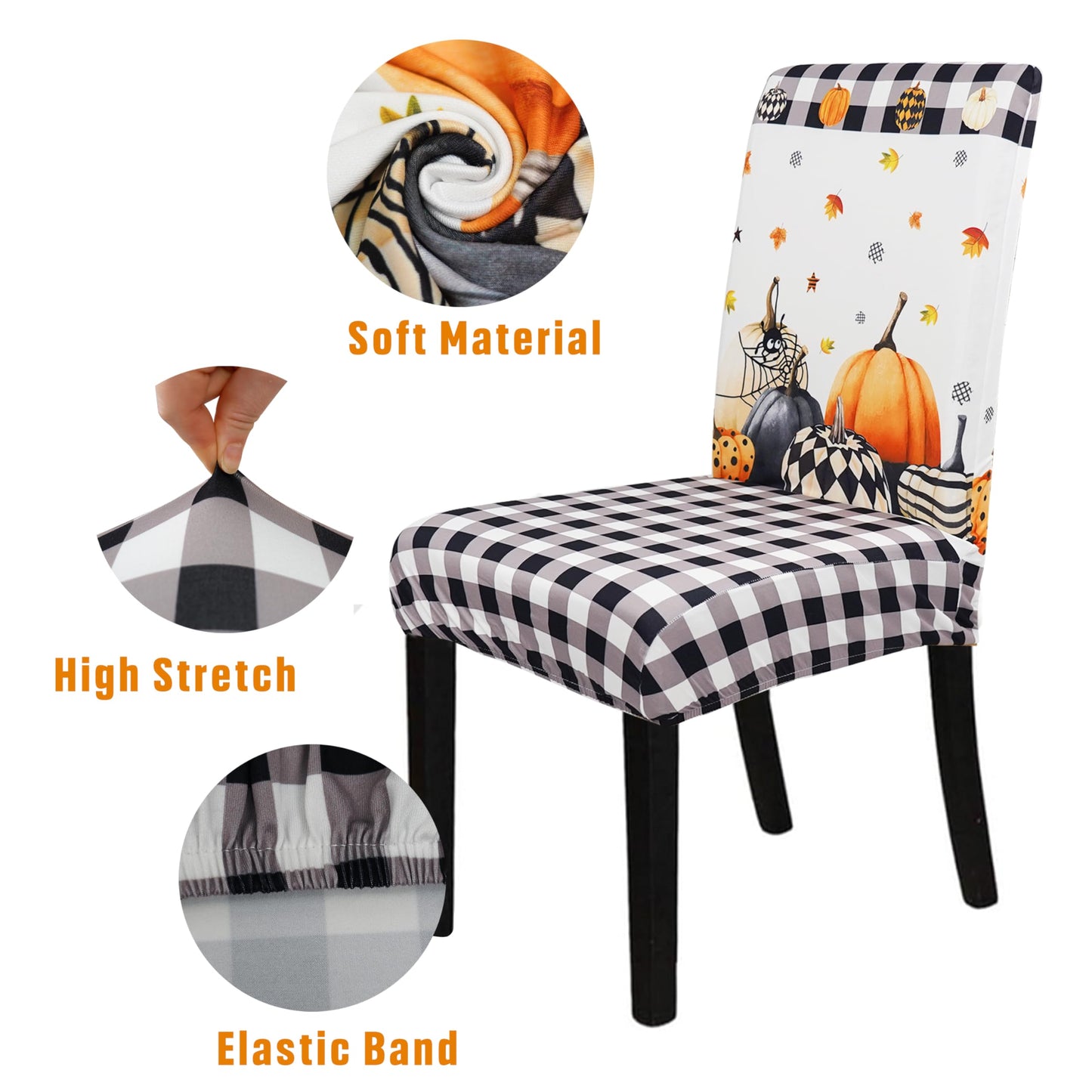 Wscdovf Halloween Chair Covers Set of 6, Fall Pumpkin Black/White Buffalo Plaid Chairs Slipcover for Dining Room, Removable Washable Breathable Cover in The Kitchen Restaurant Holiday Decor