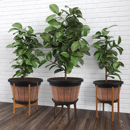 Quarut Large 4 Pack 14 inch Plant Pots,Whiskey Barrel Planters with Drainage Holes & Saucer,Plastic Decoration Flower Pots Retro Design,Planters for Outdoor Indoor Garden Balcony Plants (Brown)