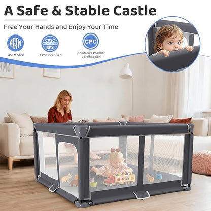 Foldable Baby Playpen with Mat, 50"x50" Safety Play Yard for Babies & Toddlers - Indoor & Outdoor Use with Carry Bag - Collapsible, Portable Play Yard, Dark Gray
