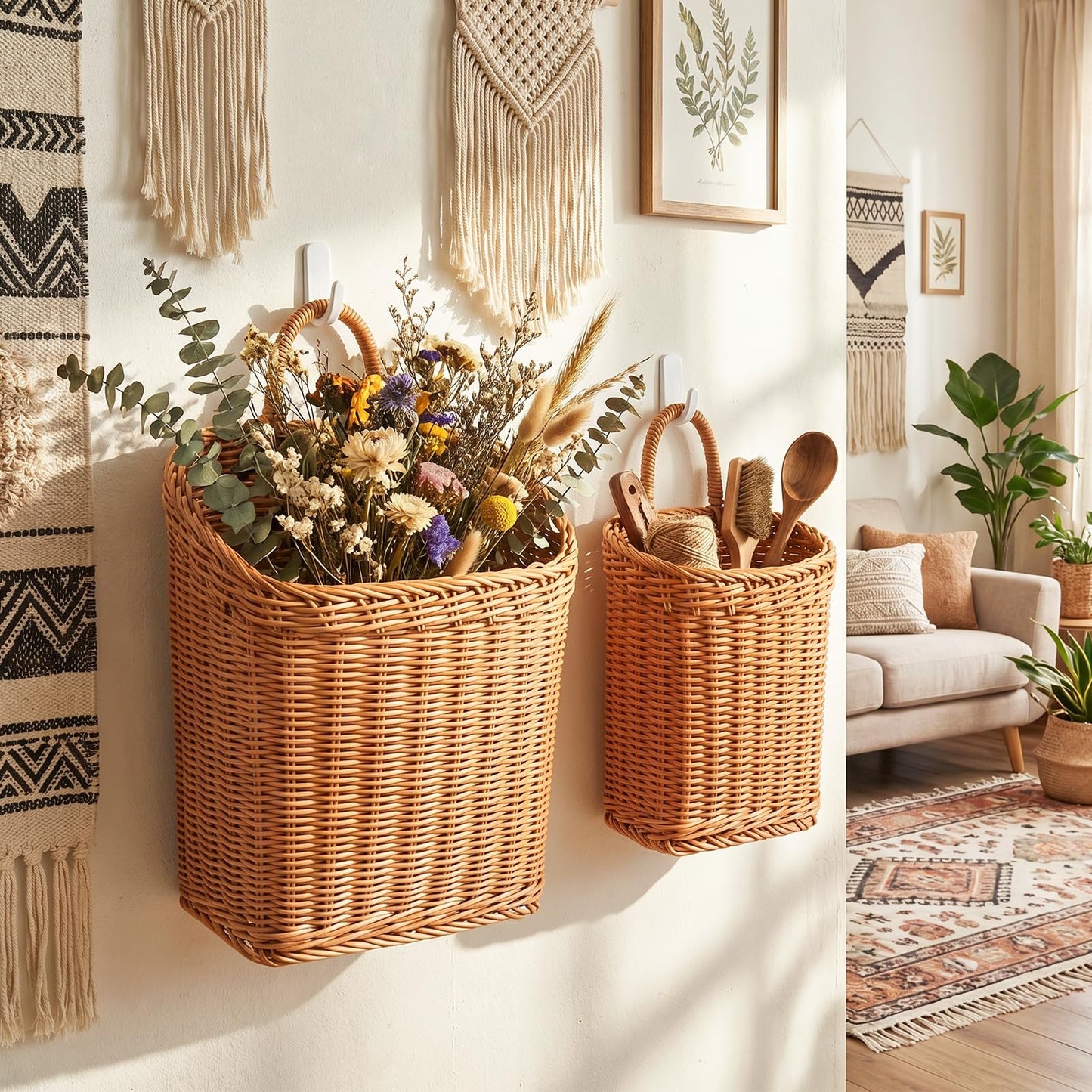 MIPON 2 Pack Handmade Woven Hanging Wicker Basket, Waterproof Plastic Rattan Wall Mounted Organizer, Small & Large Storage Baskets for Bathroom, Kitchen,Entryway,Farmhouse Decor,Flower,Mail, Plant
