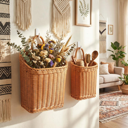 MIPON 2 Pack Handmade Woven Hanging Wicker Basket, Waterproof Plastic Rattan Wall Mounted Organizer, Small & Large Storage Baskets for Bathroom, Kitchen,Entryway,Farmhouse Decor,Flower,Mail, Plant