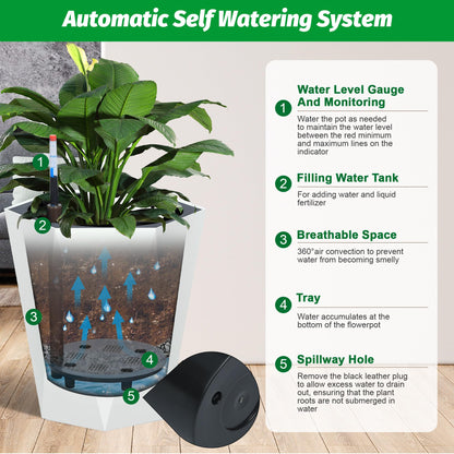 GarveeLife 16 Inch Tall Planters Set of 2, Outdoor Planters Self Watering Plant Pots with Water Level Monitor, Multiple Drainage Holes, Flower Pots for Patio, Porch, Living Room, or Home Office, White
