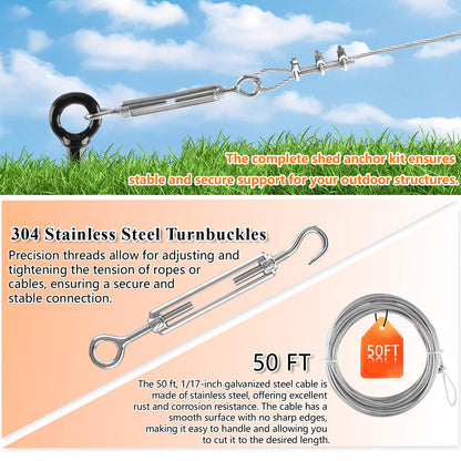Fabulas 4 Pack 18" Ground Anchors Shed Anchor Kit with 50ft Galvanized Cable & 4 Pack Turnbuckles, Heavy Duty Ground Anchor Screw in Spiral Auger Earth Stakes for Shed Trampoline Swing Set Mobile Home