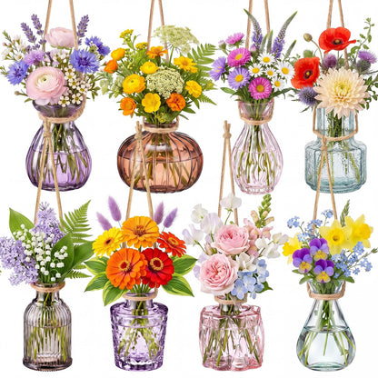 Wonderjune 8 Pcs Stained Glass Hanging Vases Hanging Glass Planters Small Plant Terrarium Pot Containers with Rope for Garden Home Indoor Outdoor Decor, 4 Styles (Fresh)