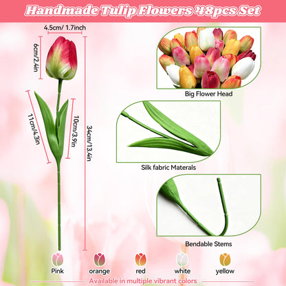 Livresse Orange Artificial Tulips for Vase, 48 Faux Tulip Flowers for Fall Centerpiece, Autumn Home Decor, Thanksgiving Table Arrangement & Rustic Farmhouse Decorations