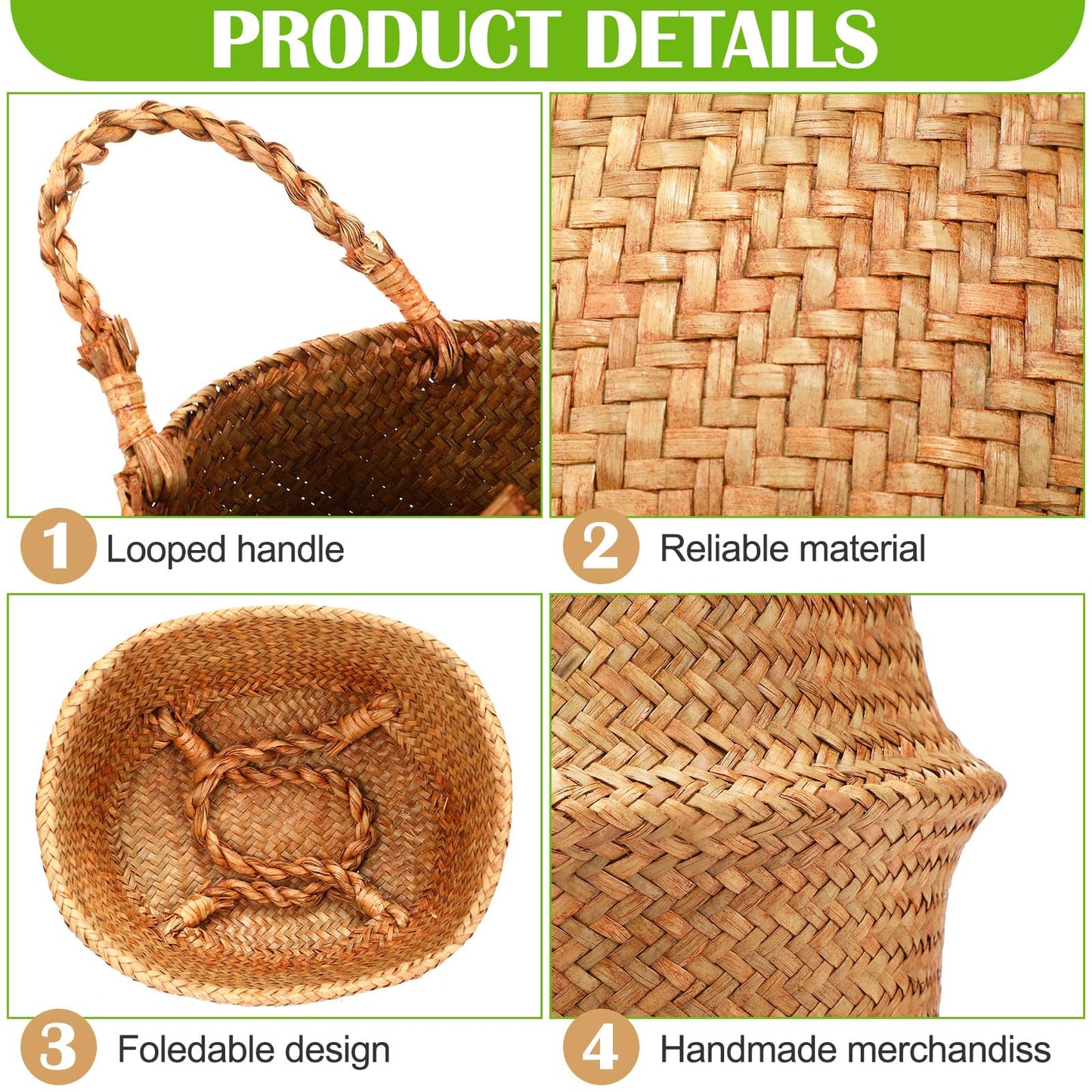 Qunclay 4 Pcs Woven Seagrass Baskets Belly Basket Folding Boho Natural Plant Pot with Handles Round Decorative Wicker Large Indoor Planter for Home Outdoor Tree Planters Decor (S,8.7''dx7.9''h)