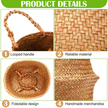 Qunclay 4 Pcs Woven Seagrass Baskets Belly Basket Folding Boho Natural Plant Pot with Handles Round Decorative Wicker Large Indoor Planter for Home Outdoor Tree Planters Decor (S,8.7''dx7.9''h)