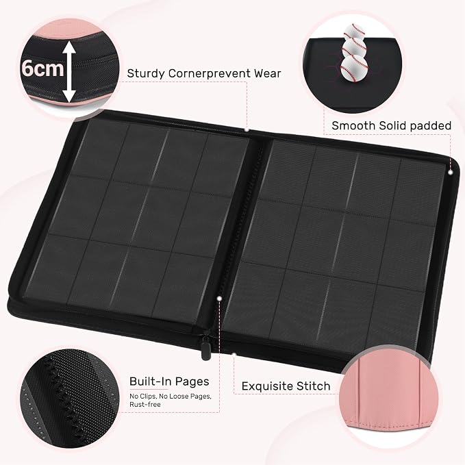 12 Pocket Card Binder, Zipper Trading Card Binder, 720 Large Capacity Side Loading Non-Ring Card Album, Double Sided Acid-Free Card Protector Binder, Card Collection for TCG, MTG, Sport Card, Pink