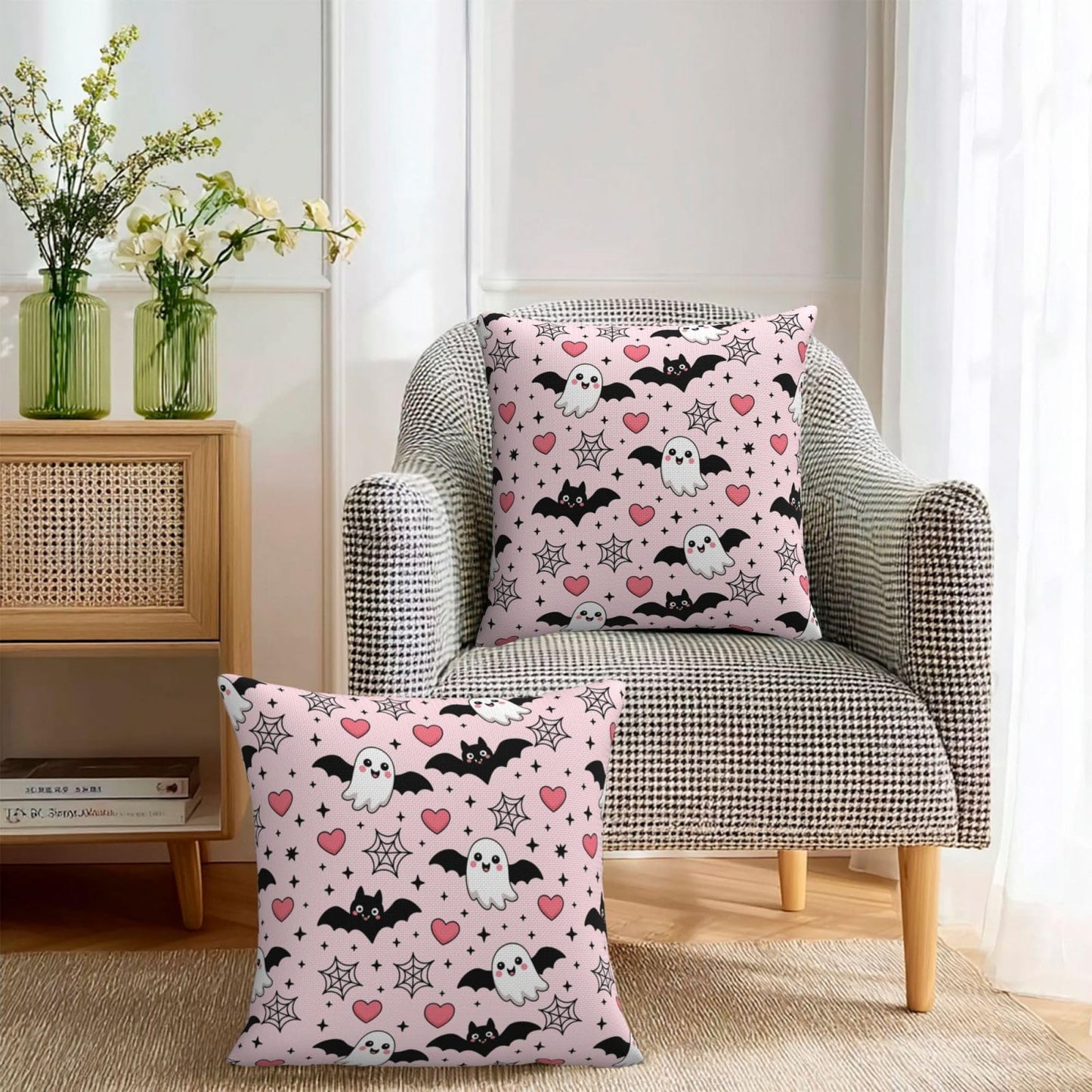 Halloween Pink Cute Ghost Bats Heart Decorative Pillow Covers 16x16 Inch Set of 2 Rustic Boho Flower Outdoor Throw Pillows Neutral Farmhouse Decoration Cushion Cases for Sofa Couch Bed Decor