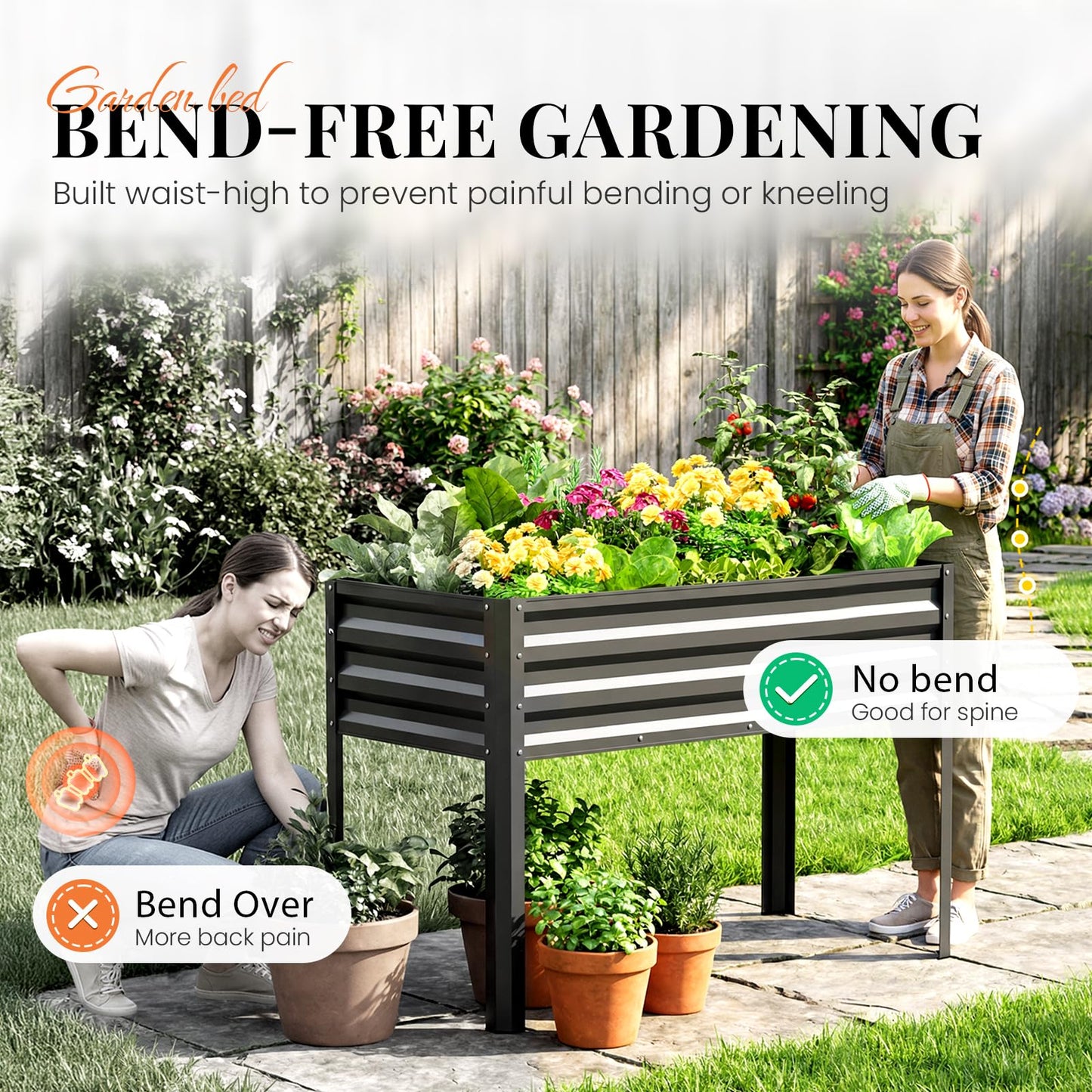 KING BIRD Large Raised Garden Bed with Legs Galvanized Elevated Planter Box 48×24×32 in for Backyard, Patio, Balcony, 400lb Capacity, Dark Grey