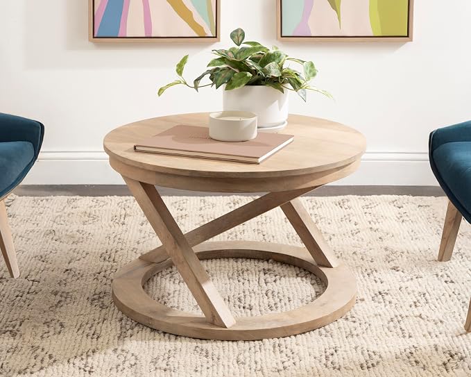 Kate and Laurel Aja Bohemian Round Mango Wood Coffee Table, 26 inch Diameter, Light Natural, Decorative Geometric Modern Coffee Table for Hosting, Storage, and Living Room Decor