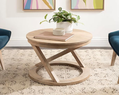 Kate and Laurel Aja Bohemian Round Mango Wood Coffee Table, 26 inch Diameter, Light Natural, Decorative Geometric Modern Coffee Table for Hosting, Storage, and Living Room Decor
