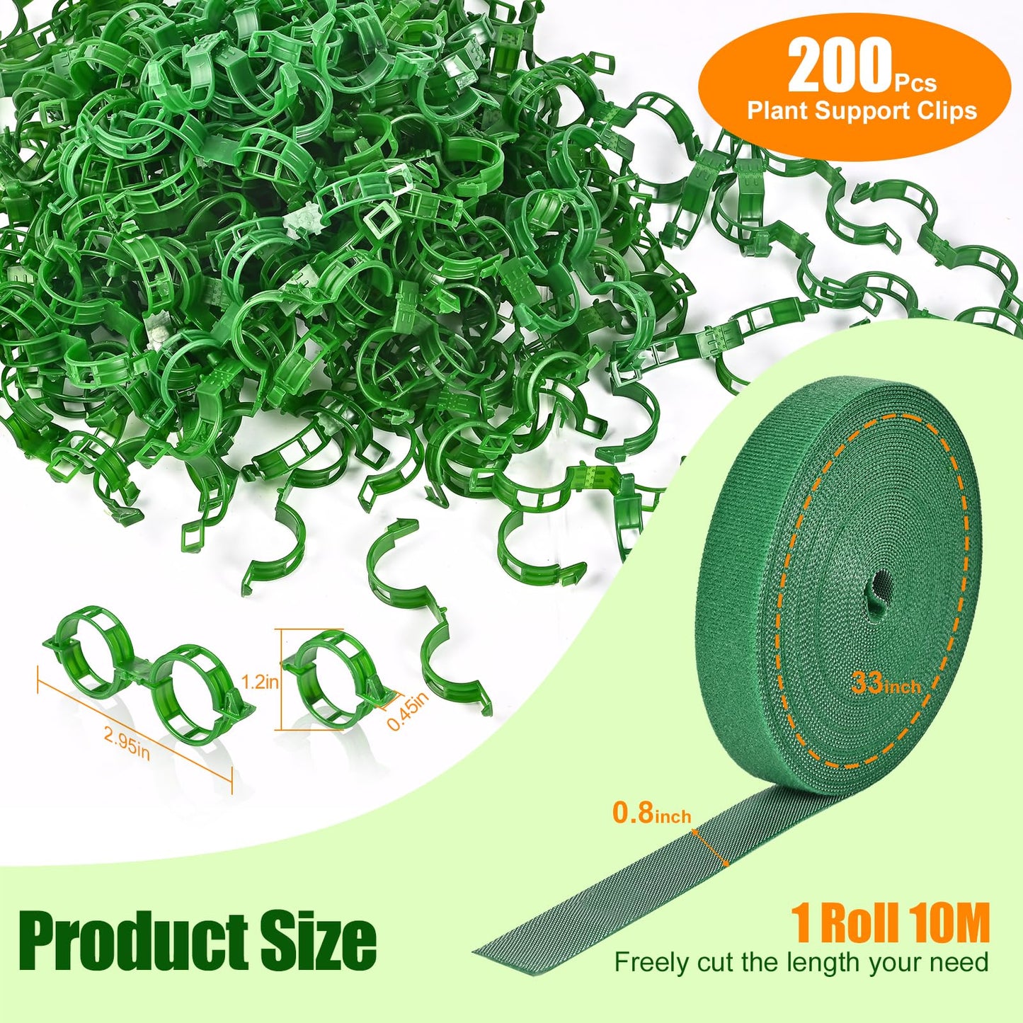 owandan 200Pcs Secured Plant Support Clips with Plant Ties 20mm 33ft - Tomato Clips Garden Tape Strap for Garden Netting Climbing Plants, Fixing Stem and Vine (Green)