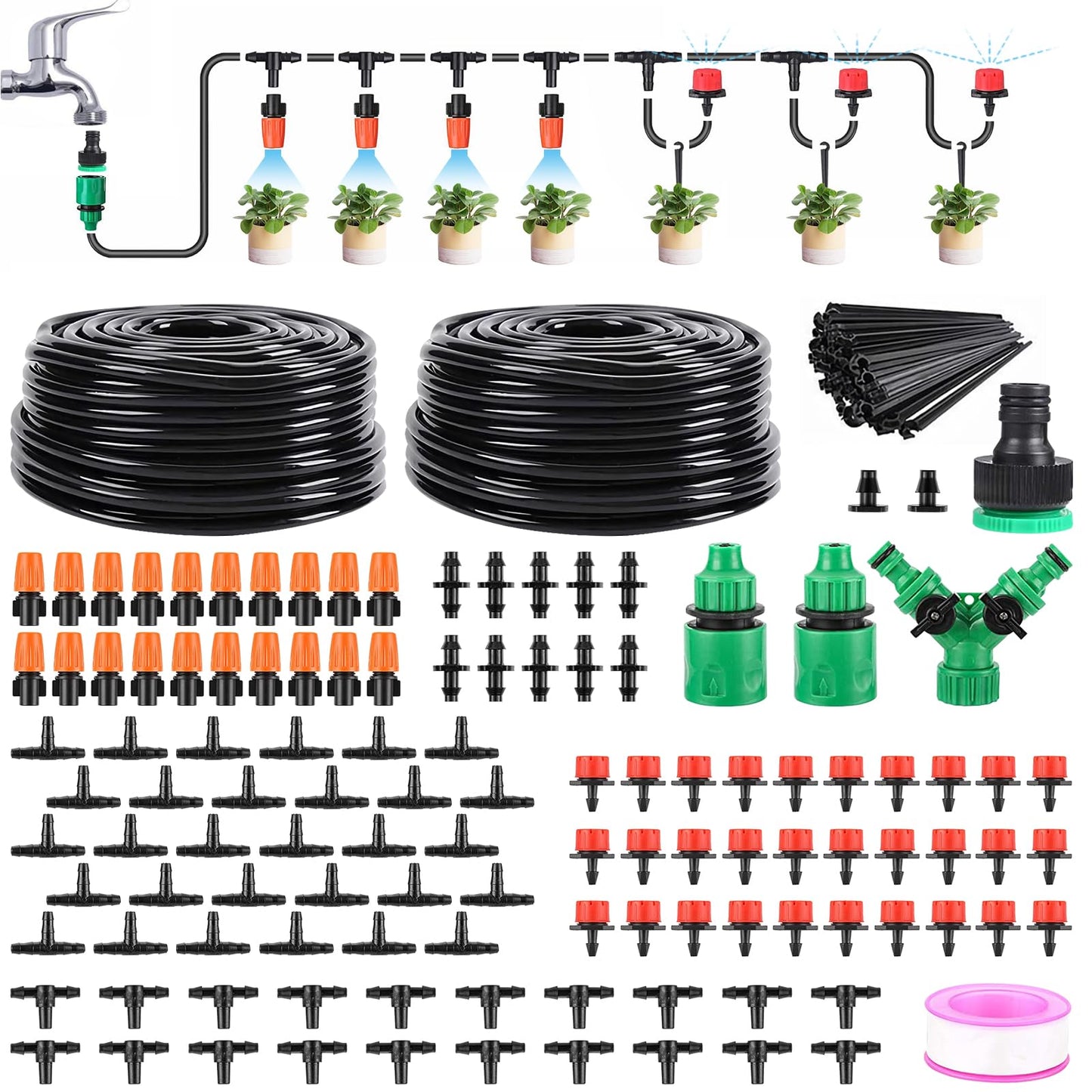LasTool 98FT Drip Irrigation Kit,Automatic Garden Watering System with 1/4" Tubing,Adjustable Mist Sprayer Nozzles & Drip Emitters for Raised Bed,Patio,Lawn, Greenhouse-Easy DIY Installation