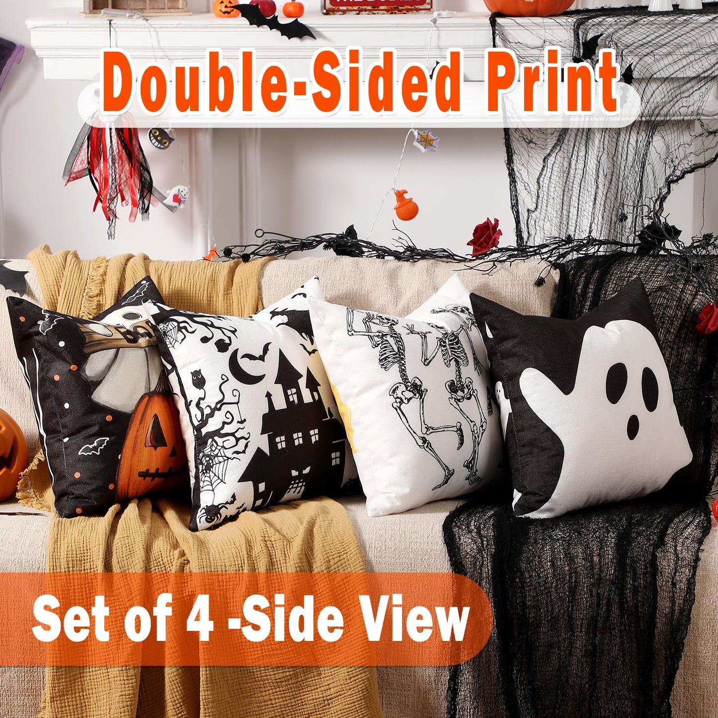 multiwins Halloween Decorations Set of 4 Double-Sided Print Ghost Pillow Covers 16" x 16", with 8 Cute Halloween Decor Patterns, Soft Linen Throw Pillow Covers for Outdoor & Indoor Use