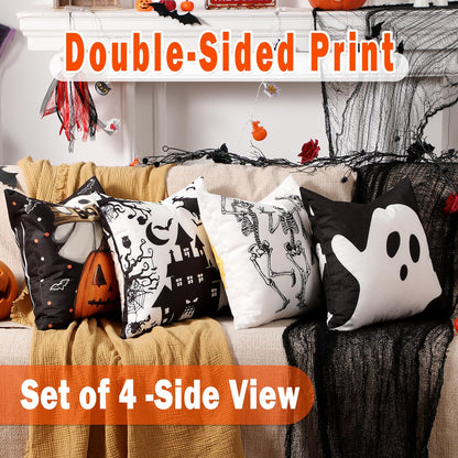 multiwins Halloween Decorations Set of 4 Double-Sided Print Ghost Pillow Covers 16" x 16", with 8 Cute Halloween Decor Patterns, Soft Linen Throw Pillow Covers for Outdoor & Indoor Use