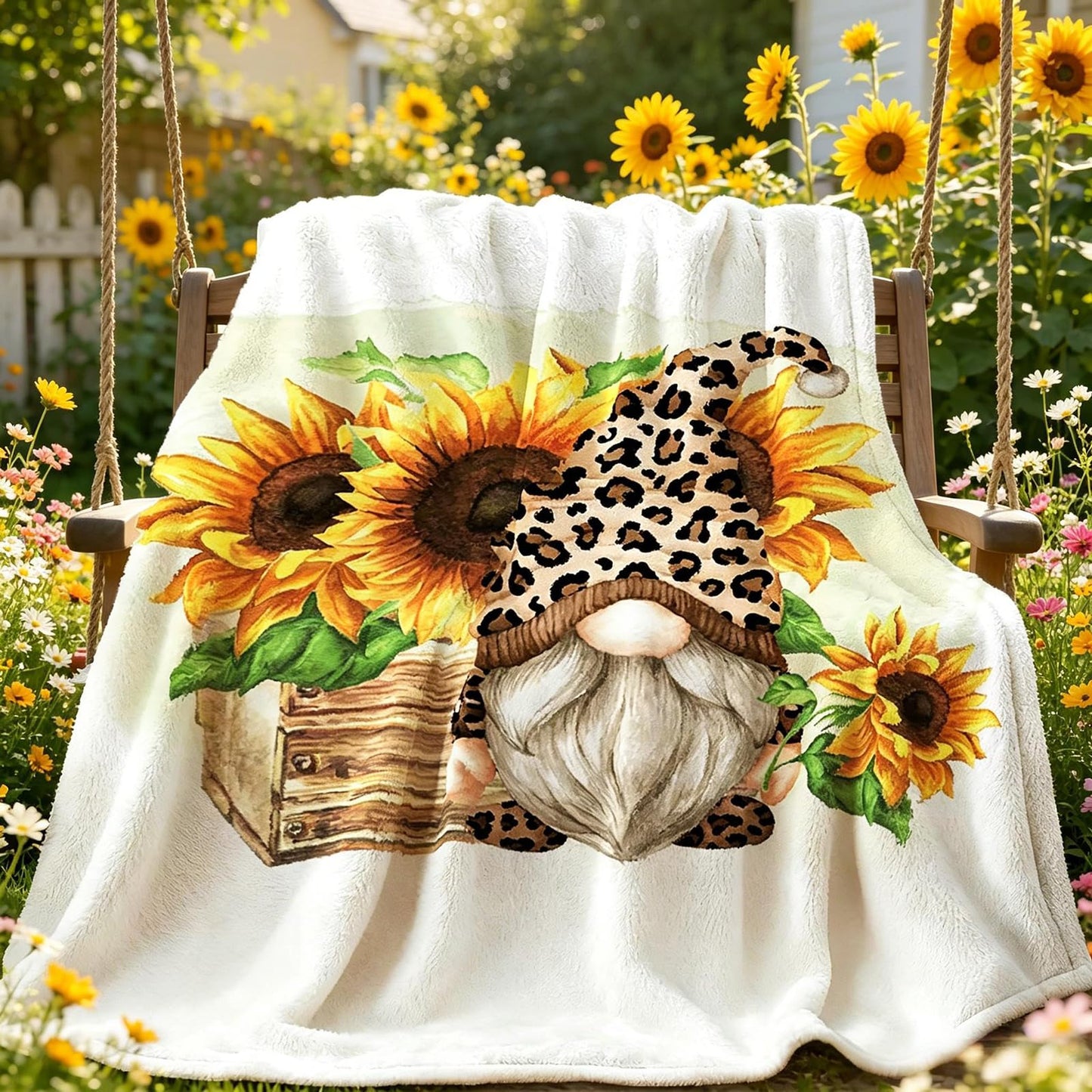 tiosggd Summer Sunflower Gnomes Blanket 60x50 Inches, Gnome Gifts for Women, Kids, Sister, Adults, Mom, Friends, Birthday Gifts, Soft Flannel Fleece Sunflower Throw Blanket for Couch Sofa Bed