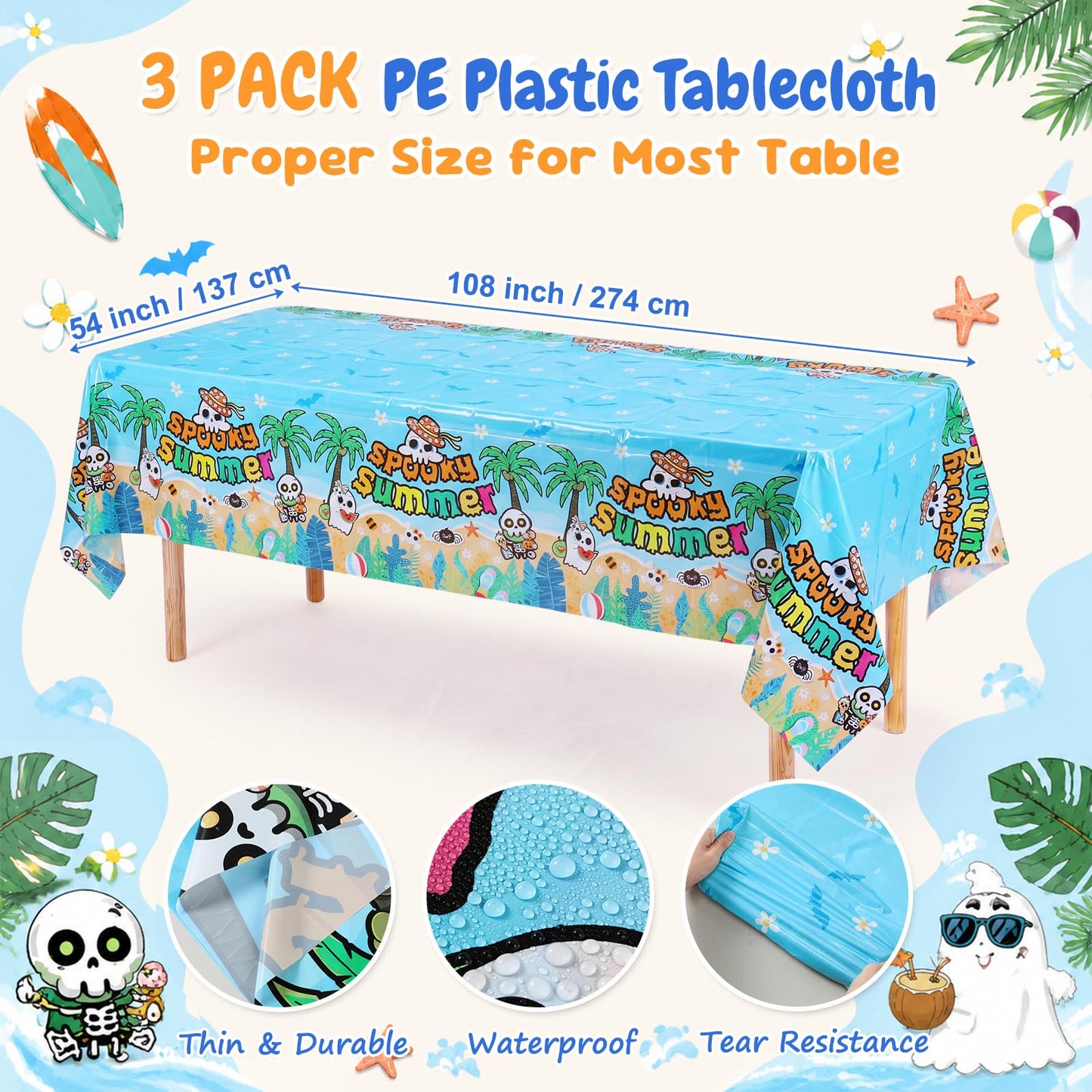 Hahafelt 3 Pack Summer Halloween Decorations Plastic Tablecloth Tropical Gothic Halloween in Summer Spooky Ghost Skull Pumpkin Table Cover for Beach Party Home Kitchen Decor 54 x 108 Inch(Beach)