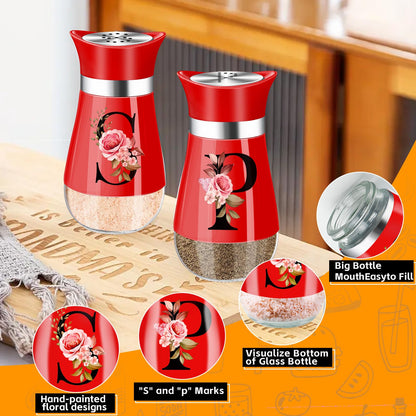 Salt and Pepper Shakers Set, 4 oz Red Kitchen Accessories, Stainless Steel & Glass Spice Dispenser Classic, Refillable Design, Farmhouse Salt Pepper Shakers Cute Kitchen Decoration (Red)