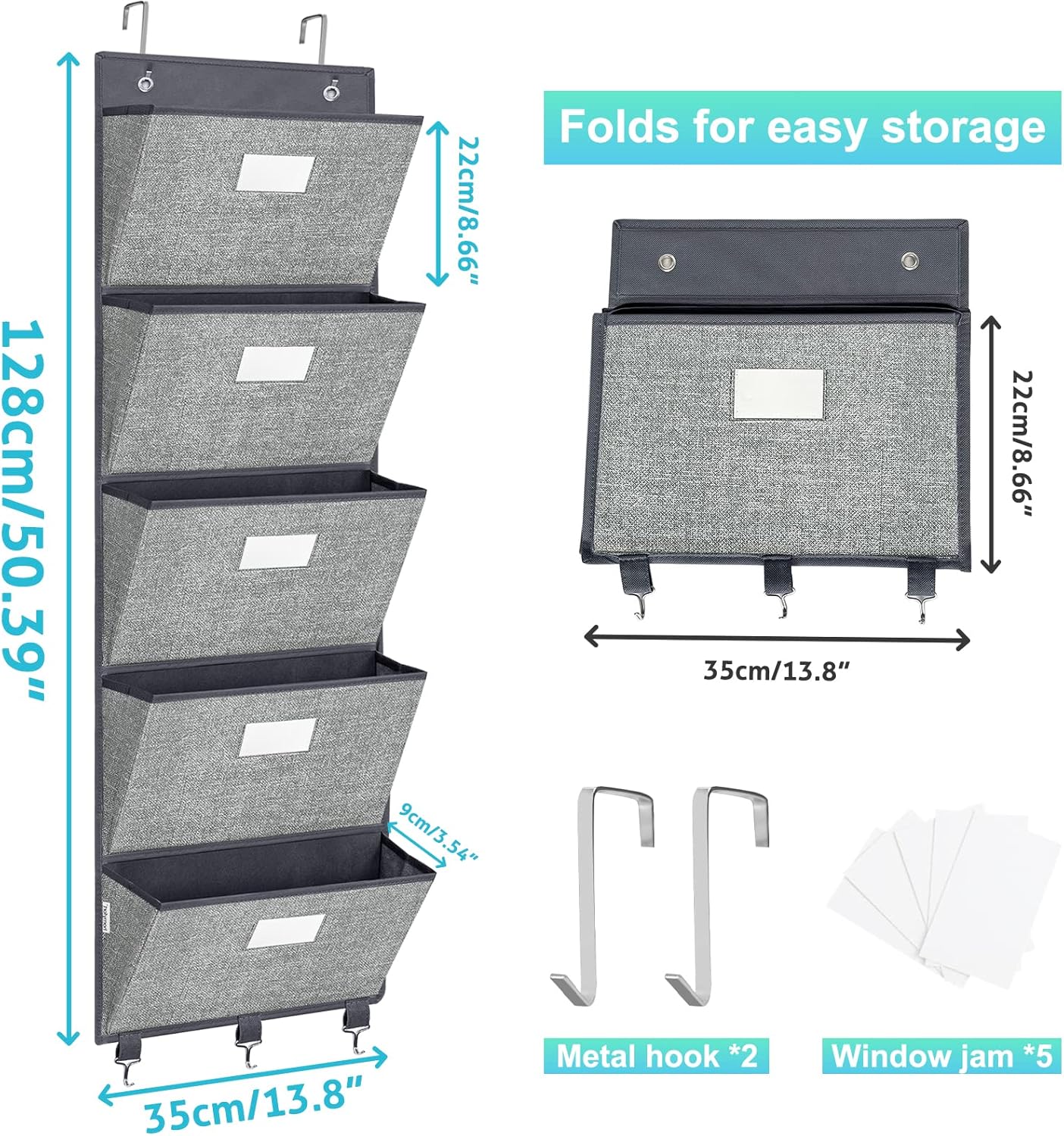 homyfort Over the Door Wall File Organizer, Hanging File Folders Organizer with 5 Large Pockets for Office and Back to School Supplies, Papers, Charts, Mails, Magazine Storage and Organization
