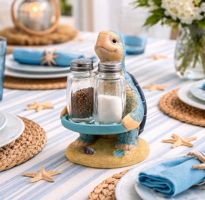 Sea Turtle Salt and Pepper Shakers Set with Holder, Coastal Beach Kitchen Table Decor, Ocean Themed Resin Figurine Set