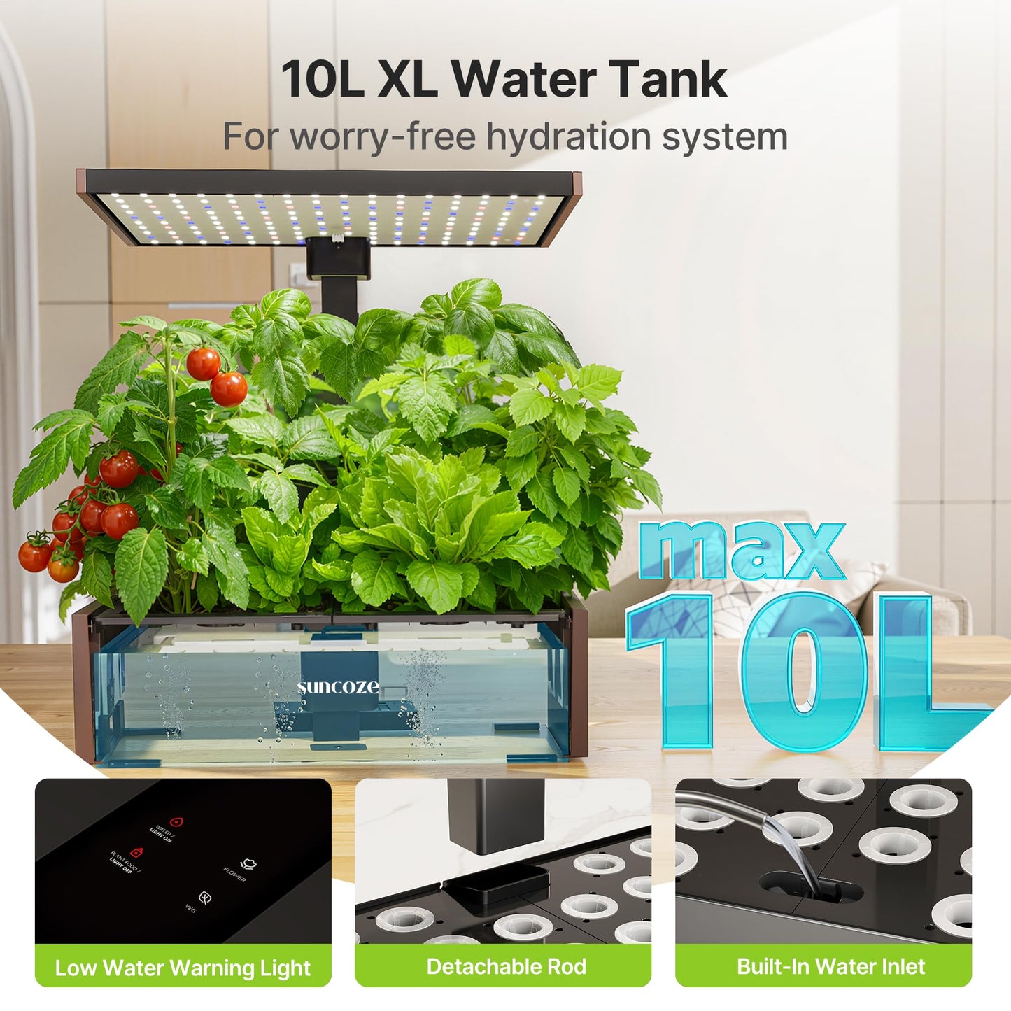 SUNCOZE Hydroponics Growing System Kit, 20 Pods Indoor Herb Garden with 10L Water Tank & Adjustable Height 25", 30W LED Grow Light, LCD Display with Veg/Flower Modes, Pump & Low Water Reminder, Black
