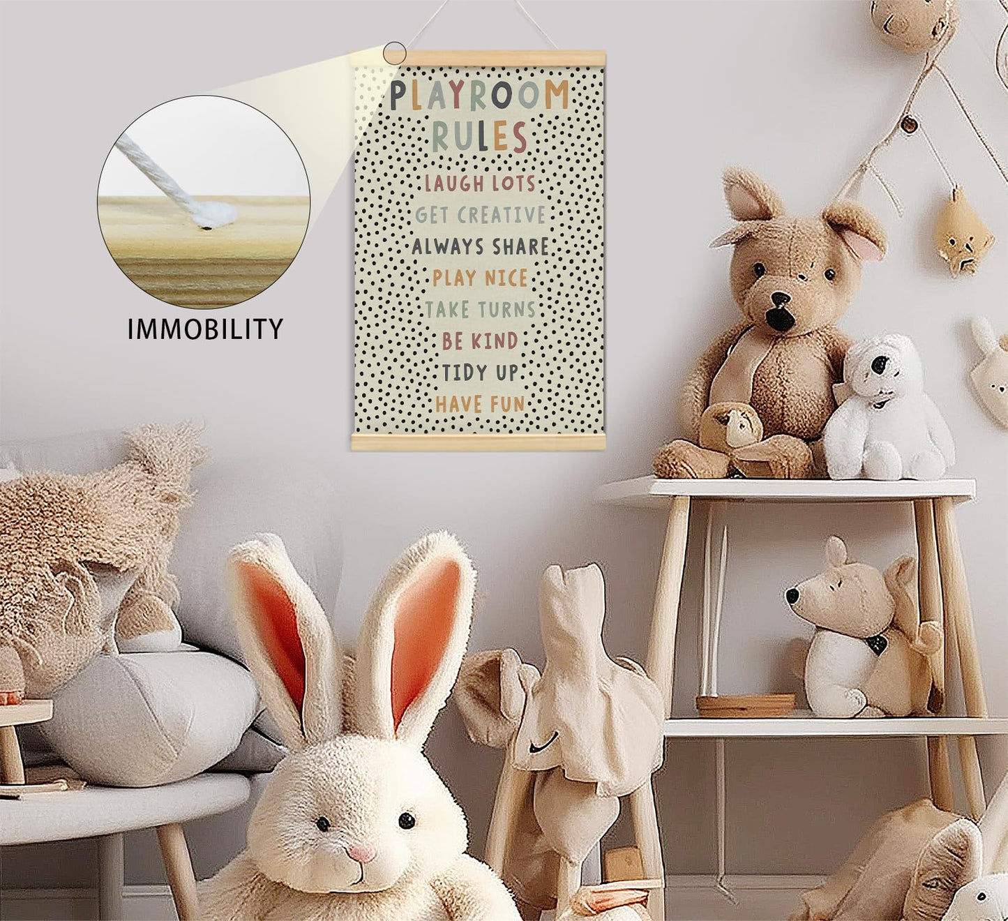 Playroom Kids Tollder Room Wall Decor, Play Room Rules Wall Decor for Kids Play Game Room Bedroom Nursery Home School Playroom Essentials, Canvas Hanging Banner Wood Poster Frameds,16x24 Inch