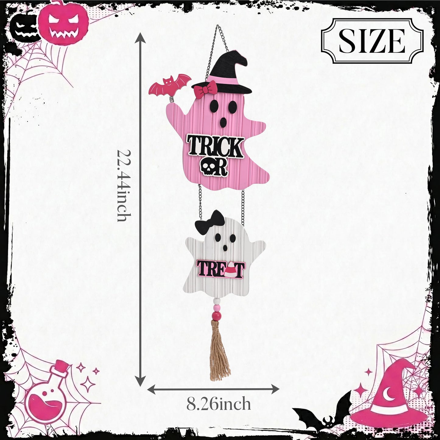 Valery Madelyn Pink Halloween Decorations, Cute Halloween Door Wreath Decorations, Ghost with Witch Hat Wooden Hanging Sign for Wall Window Door Handle, 22 inch