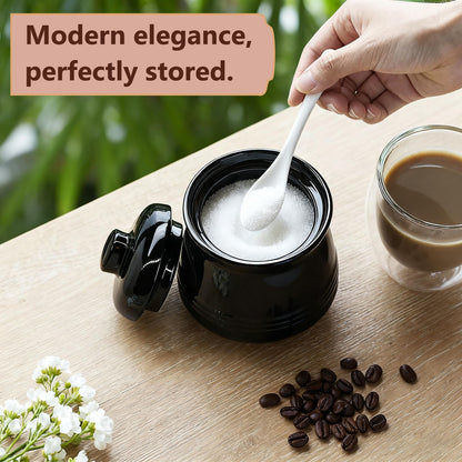 Fcreimd Sugar Bowl Ceramic Sugar Jar, Sucrier 12 oz Sugar Container with Lid and Spoon (Black)