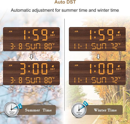 DreamSky Wooden Digital Alarm Clocks for Bedrooms with Date & Day of Week | Living Room Desk Clock, Temperature, USB Port, Dimmer Wheel, Adjustable Volume, Auto DST, Office Wood Decor (Plug-in)