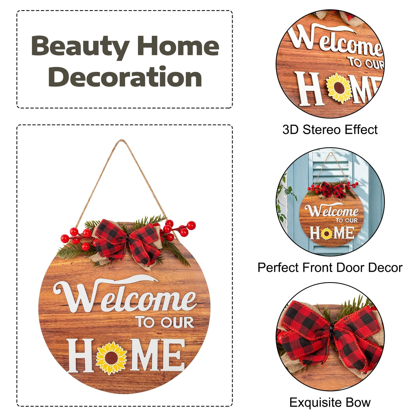 Interchangeable Seasonal Welcome Sign Front Door Decor, Rustic Round Wood Wreath Wall Hanging, Farmhouse Porch Indoor Outdoor for All Seasons Holiday Halloween Christmas