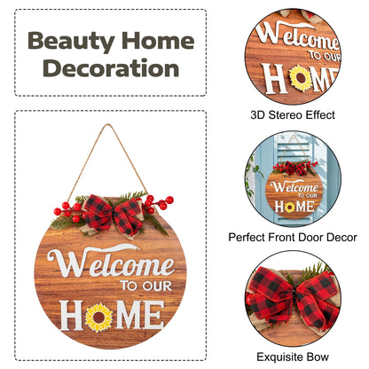 Interchangeable Seasonal Welcome Sign Front Door Decor, Rustic Round Wood Wreath Wall Hanging, Farmhouse Porch Indoor Outdoor for All Seasons Holiday Halloween Christmas
