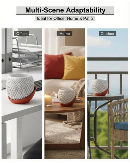 CODIAO Small Plant Pots Indoor with Drainage & Saucer (4 Inch) - Cute 3D Printed Geometric Planter - Modern White Pot for Succulents Cactus - Unique Desk Decor & Gardening Gift (Terra Cotta Base)