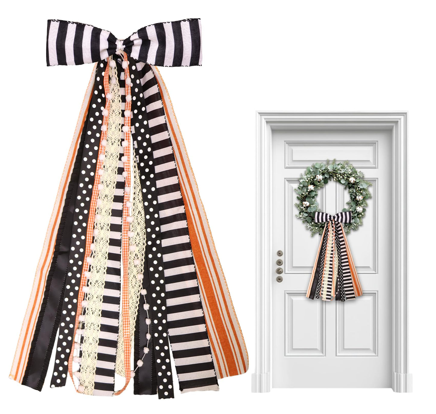 Vickasi Halloween Black Stripes Wreath Bows for Front Door, Orange Lace Ribbon Bowknot Holiday Bows Accessories for Wreath Thanksgiving Decorations