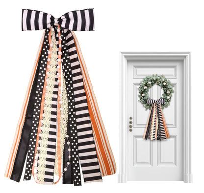 Vickasi Halloween Black Stripes Wreath Bows for Front Door, Orange Lace Ribbon Bowknot Holiday Bows Accessories for Wreath Thanksgiving Decorations