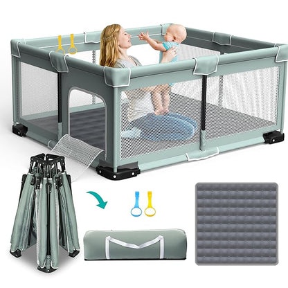 ICAREWAY Foldable Playpen for Babies and Toddlers, 71"x59" Inches Portable Playpen with Mat, Kids Collapsible Play Pen with 2 Handlers, Indoor & Outdoor Baby Play Area with Visible Mesh (Light Green)