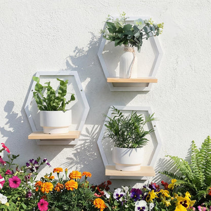 Rioneta 3 Pack Solid Wood & Heavy Duty Metal Wall Plant Stands,9 inch Natural Wood Shelf, Boho Arch Hanging Planter for Indoor 25 LB Load for Plants White