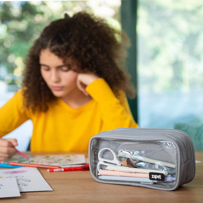 ZIPIT Half & Half Pencil Case, 3 Compartment Zipper Pouch for School, Stationery Bag for Teen Girls Boys and Adults, Grey