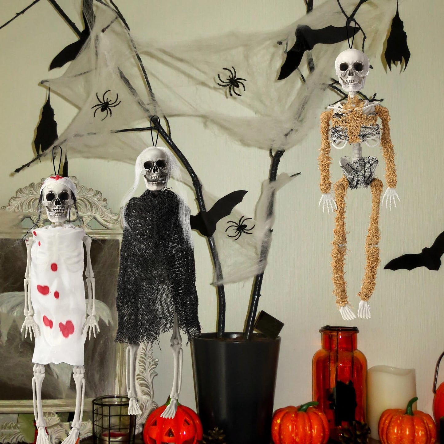 Poen 4 Pack 16" Halloween Hanging Skeleton Decorations Small Full Body Posable Skeletons with Movable Joints Plastic Mini Spooky Decor for Halloween Party Haunted House Lawn Graveyard Props(Zombie)