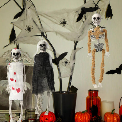 Poen 4 Pack 16" Halloween Hanging Skeleton Decorations Small Full Body Posable Skeletons with Movable Joints Plastic Mini Spooky Decor for Halloween Party Haunted House Lawn Graveyard Props(Zombie)
