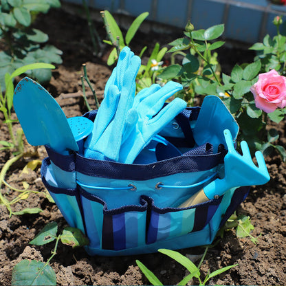 Kids Gardening Tools Set, Toddler Play Kit Child Outdoor Toy with Gloves, Watering Can, Metal Shovel, Rake, Spade & Storage Bag, Backyard Sand Digging Holiday Birthday Gift for Boy Girl 3 4 5 (Blue)