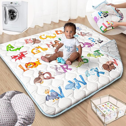 Baby Play Mat, 47x47 Mat with Super Soft Touch, Activity Mats with Upgraded Anti-Slip Bottom, Machine Washable Crawling Playmat for Floor & Picnic(Animal Alphabets)