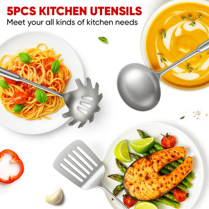 5 Pcs Newness Cooking Utensils Set, 304 Stainless Steel Kitchen Utensils Set, Metal Kitchen Accessories, Include Soup Ladle, Slotted Skimmer Spoon, Spaghetti Spoon and Spatula, Dishwasher Safe