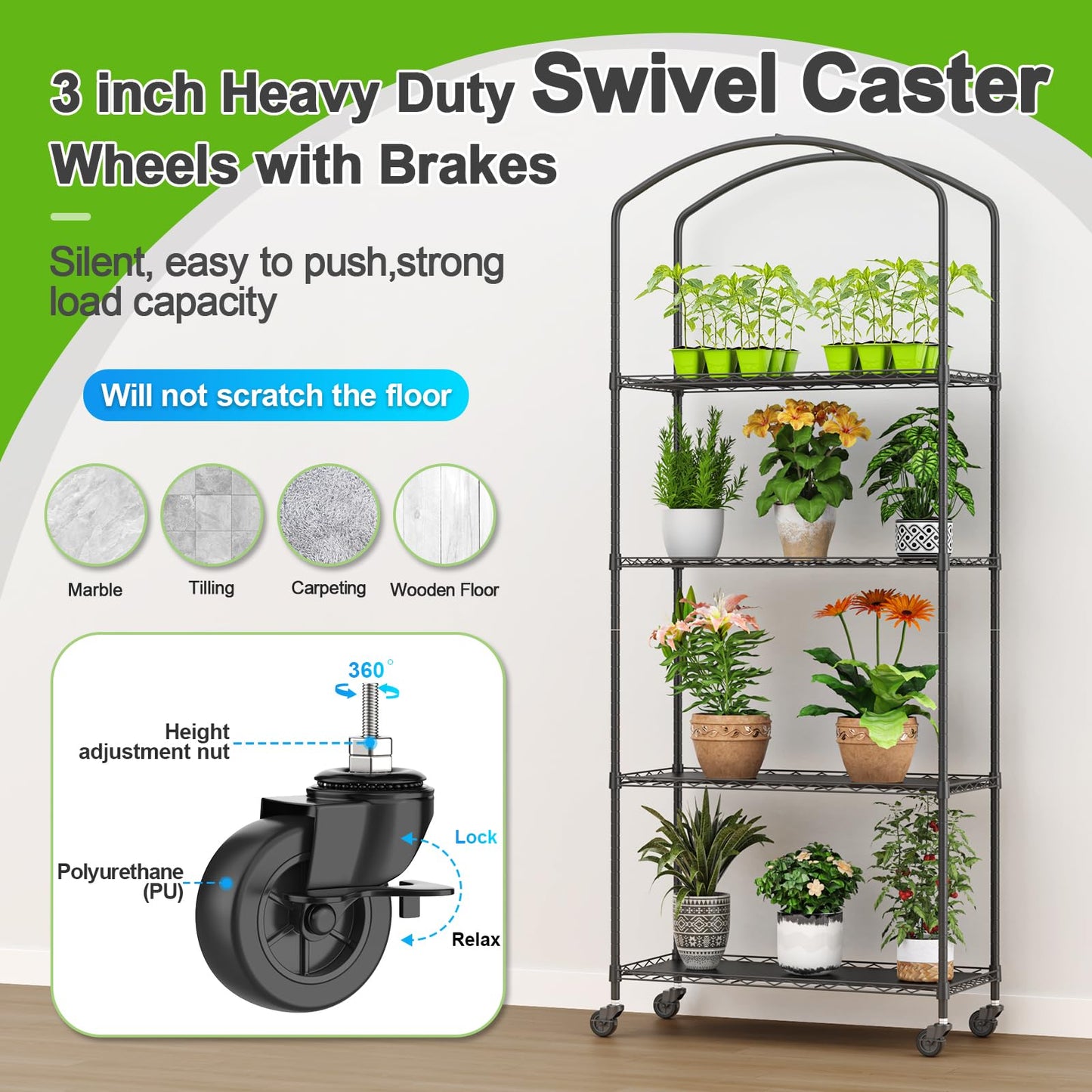Abimars 4-Tier Greenhouse with Wheels, Height-Adjustable Shelves Metal Plant Shelf with PVC Cover for Seed Starting Trays, Seedling Pots, Plant Pots, 13x29x73inch
